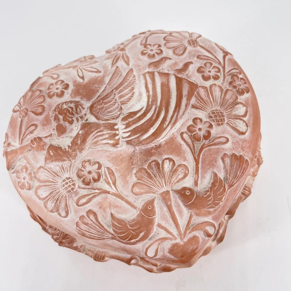 Vintage Terracotta Heart Trinket Box Embossed Angel Bird Floral Lidded Korea